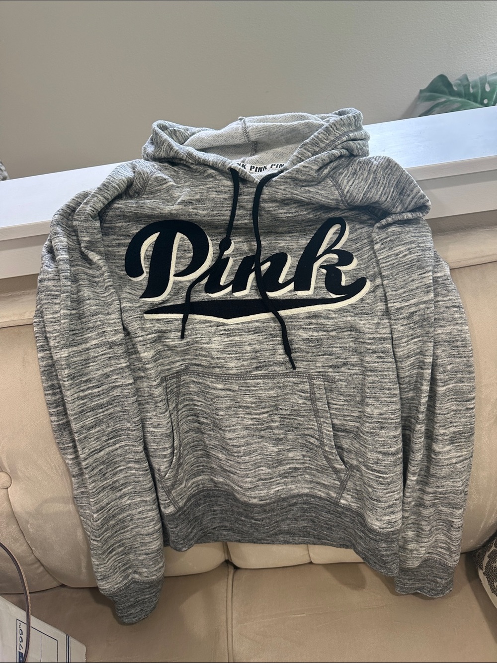 PINK Victoria's Secret Gray Marled Pullover Hoodie with Black Logo